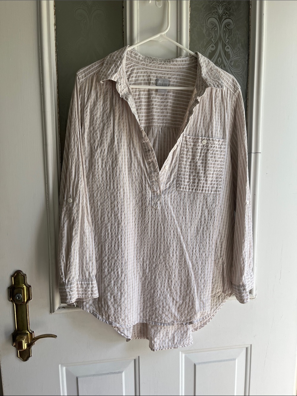 Chico's sz 2 Beige and White Striped Tunic Top, reg sz 12 washed, not worn